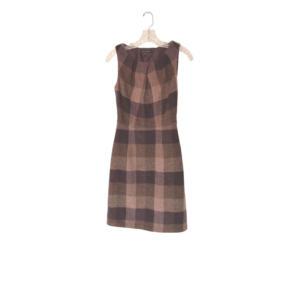Laura Ashley Wool Dress Sheath Brown Plaid Academia Scholarly Literally Size 4
